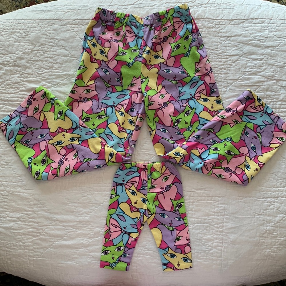 HANDMADE PJ PANTS CHILDRENS SZ5/6+ MATCHING DOLLS(18”) CAT EYES LAV/PINK/LIME